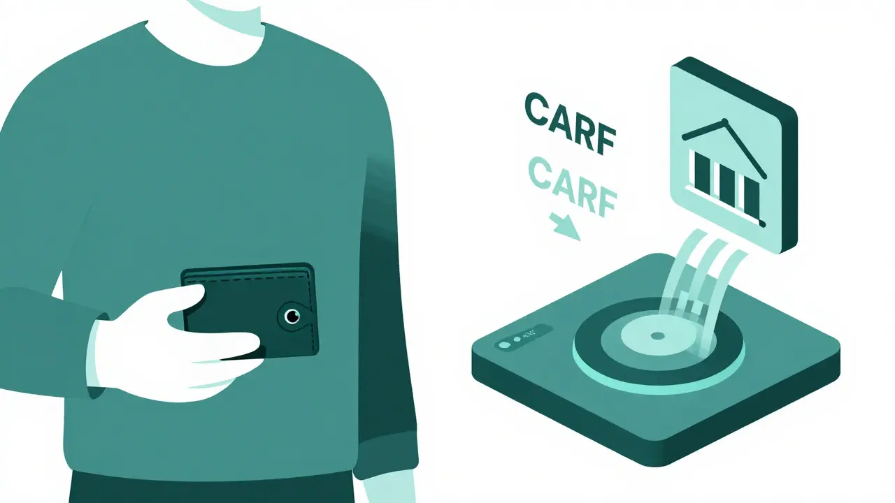 Persona con billetera no custodial frente a una plataforma que envía datos de transacciones a una autoridad fiscal.