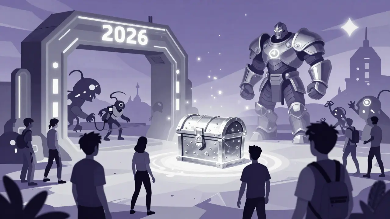 Portal al metaverso en 2026 donde jugadores ingresan con NFTs hacia un campo de batalla con enemigos dinámicos y un cofre misterioso.