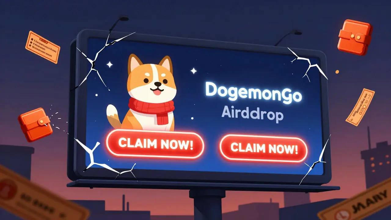 Póster digital fraudulento de airdrop navideño con logotipo oficial de DogemonGo al fondo, rodeado de enlaces maliciosos.