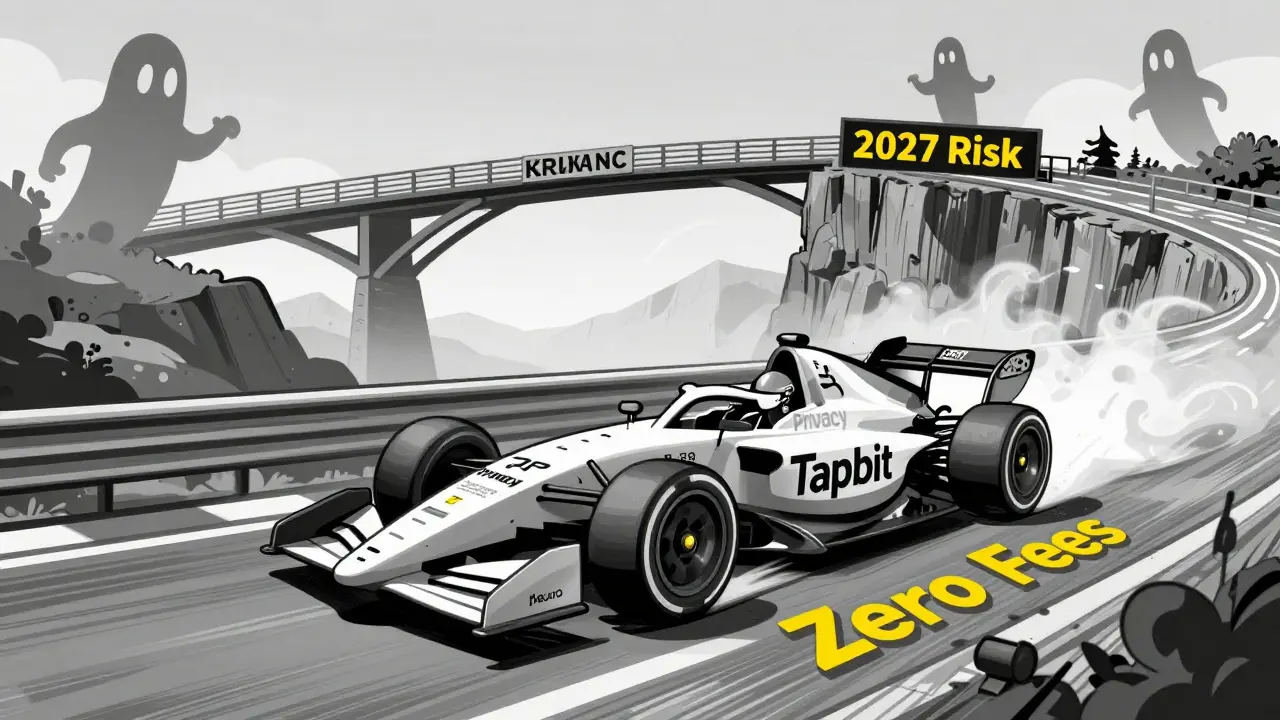 Race car labeled Tapbit speeding toward cliff, no seatbelts, other exchanges on safe bridges.
