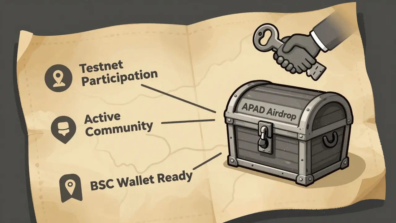 Treasure map leading to a locked chest marked APAD Airdrop, with key shaped like a handshake.