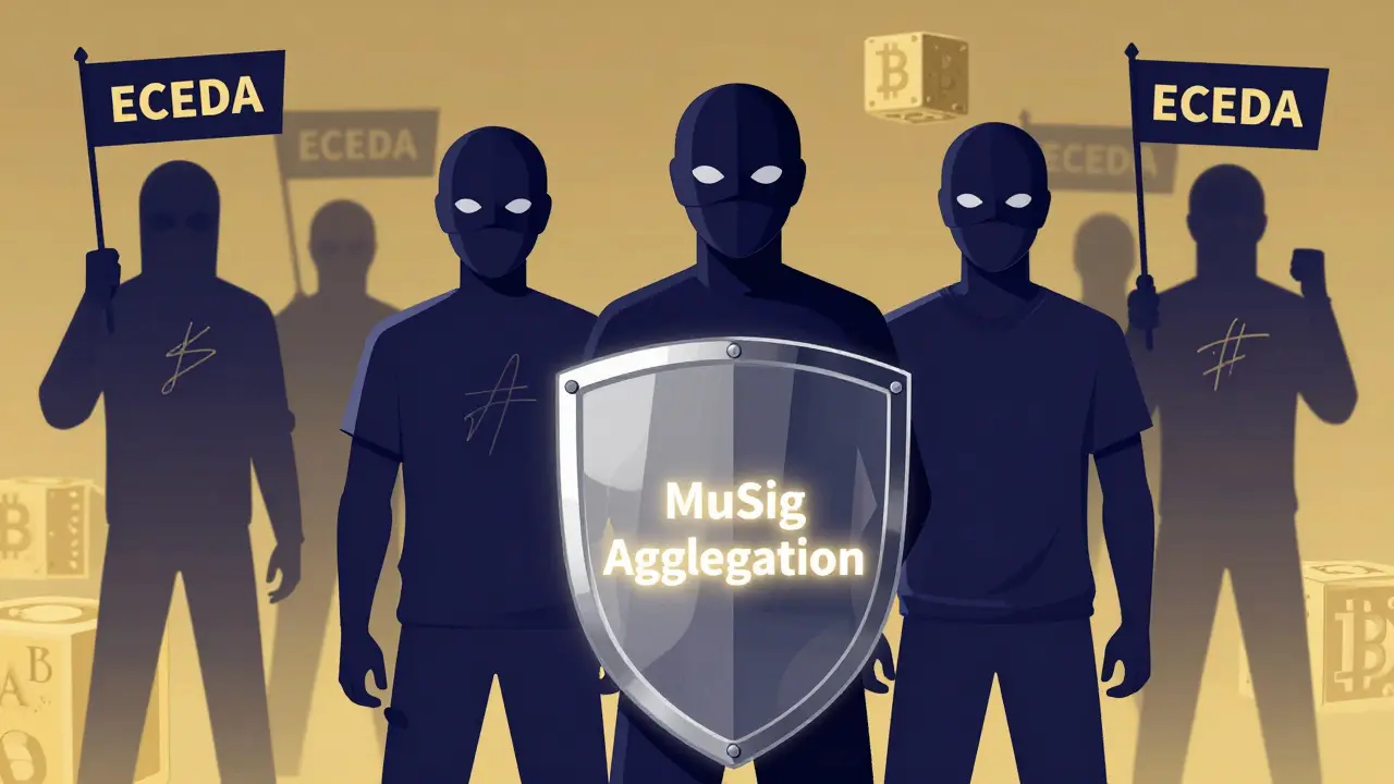 Tres personas ocultas firman como una sola entidad con Schnorr, mientras ECDSA muestra firmas separadas.