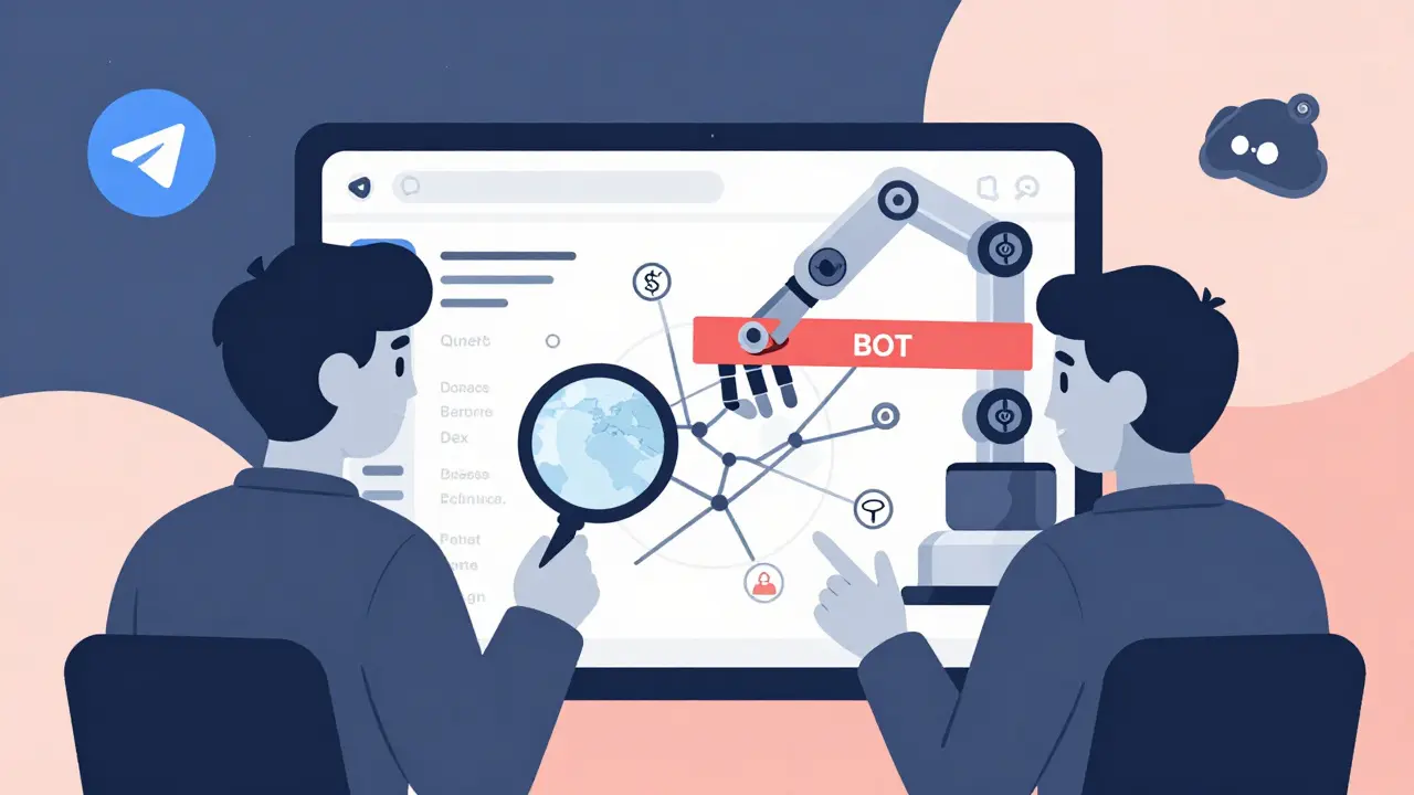 Two users trading tokens at a DEX while a bot is blocked by a red barrier, community icons in background.