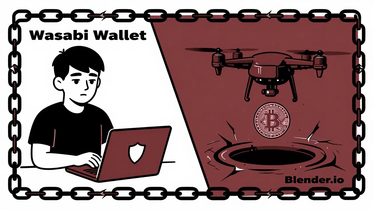 Un activista usa un mezclador descentralizado mientras un dron vierte Bitcoin robado en un servicio centralizado.