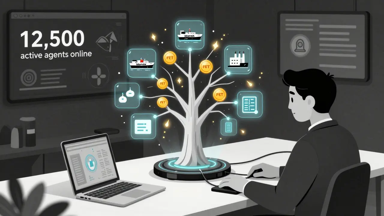 Un desarrollador conecta una red de IA con nodos de empresas como Maersk y Siemens, con tokens FET como chispas doradas.