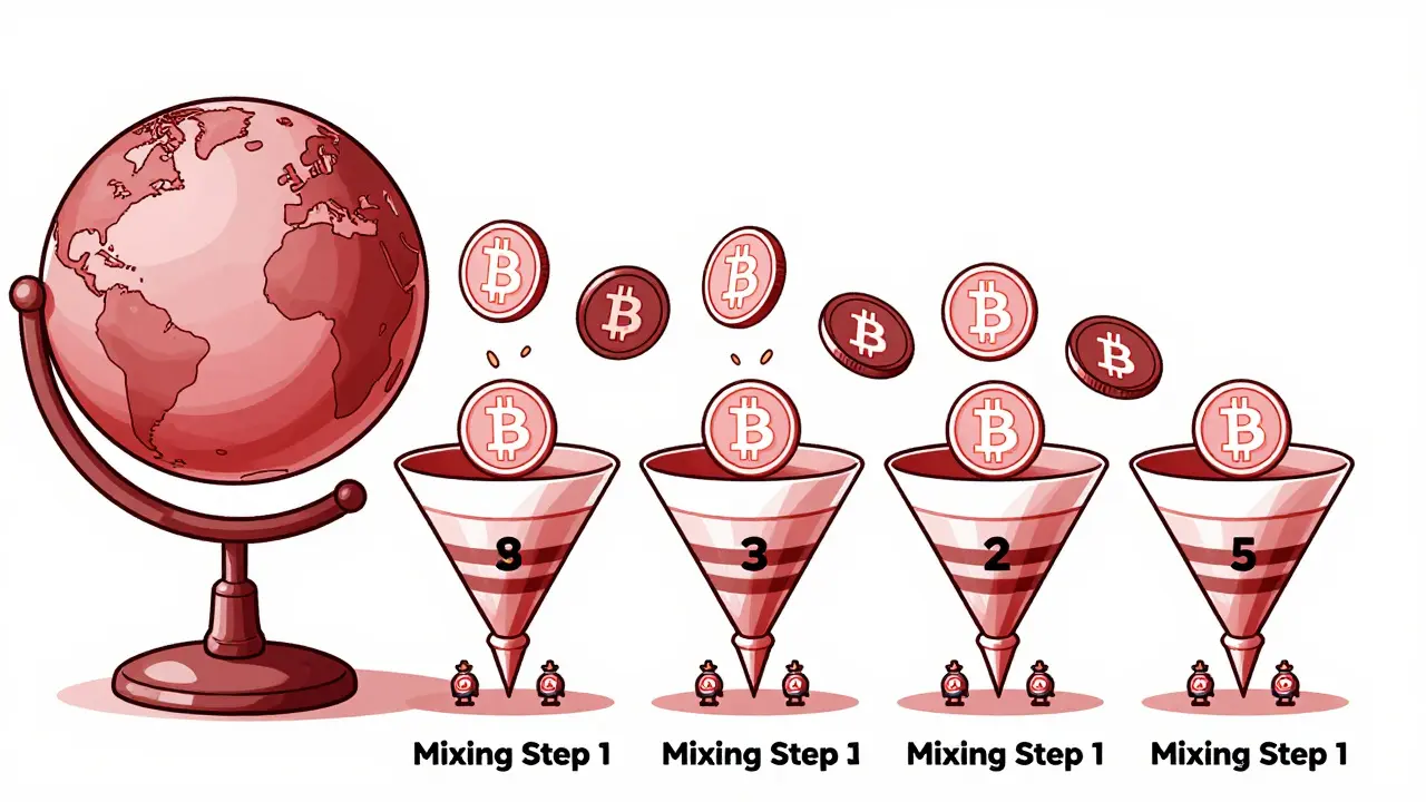 Un globo terráqueo recibe Bitcoin que pasan por cinco etapas de mezcla, perdiendo su origen hasta convertirse en fondos militares.