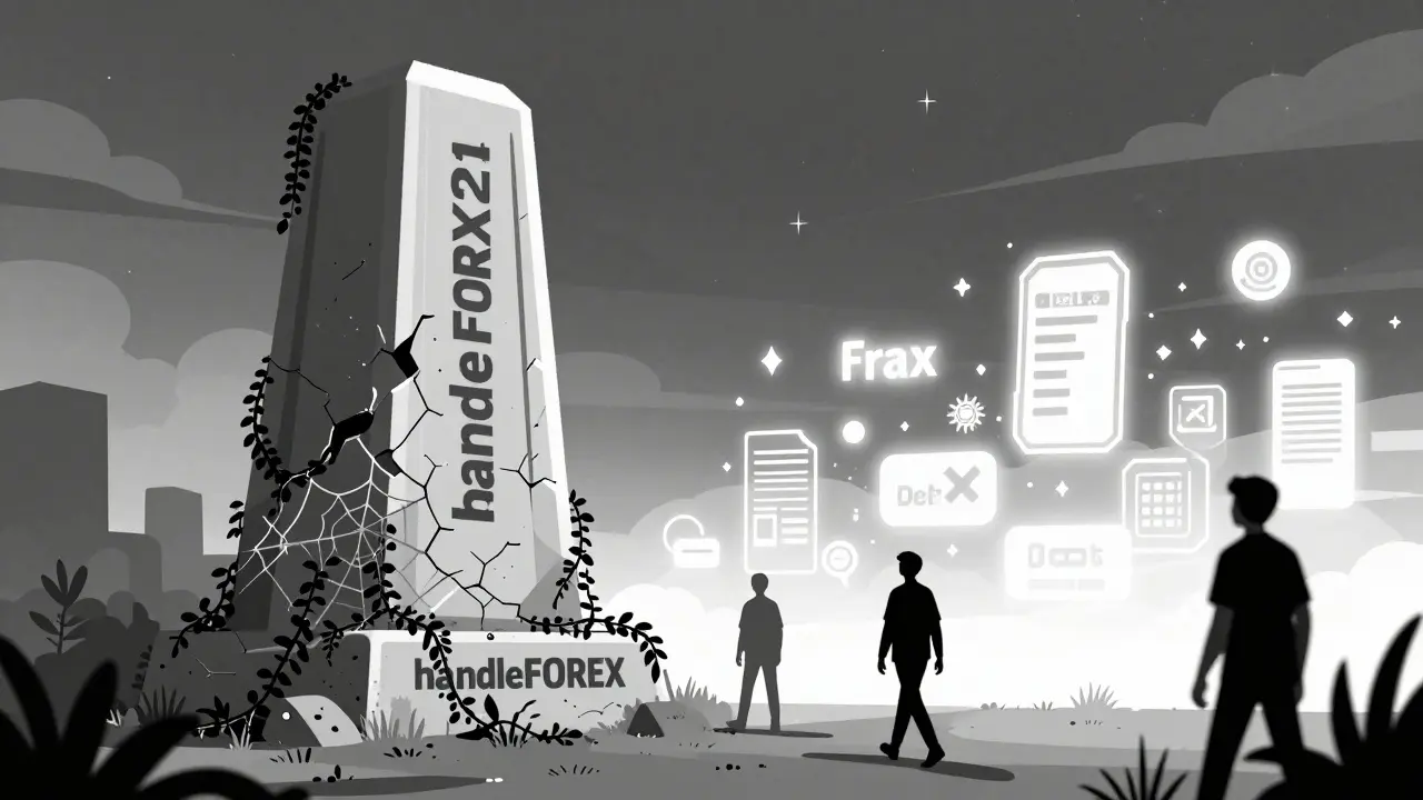 Un monumento digital caído de handleFOREX, cubierto de enredaderas, mientras otros proyectos crecen al fondo.