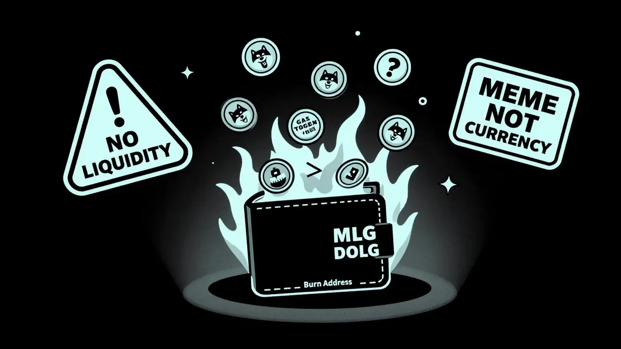 Una billetera ardiendo que libera tokens MLG DOGE hacia una dirección de quema, con señales de advertencia flotantes.