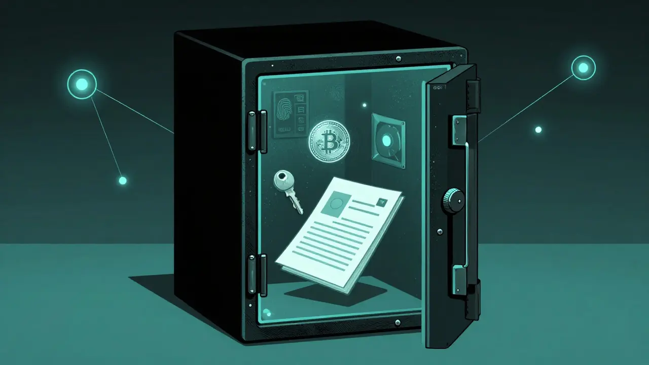 Una caja fuerte digital con capas de biometría protege documentos y un token de identidad en una red descentralizada.