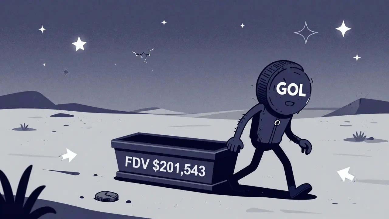 Una criptomoneda zombi arrastra un ataúd vacío por un desierto de gráficos sin volumen.