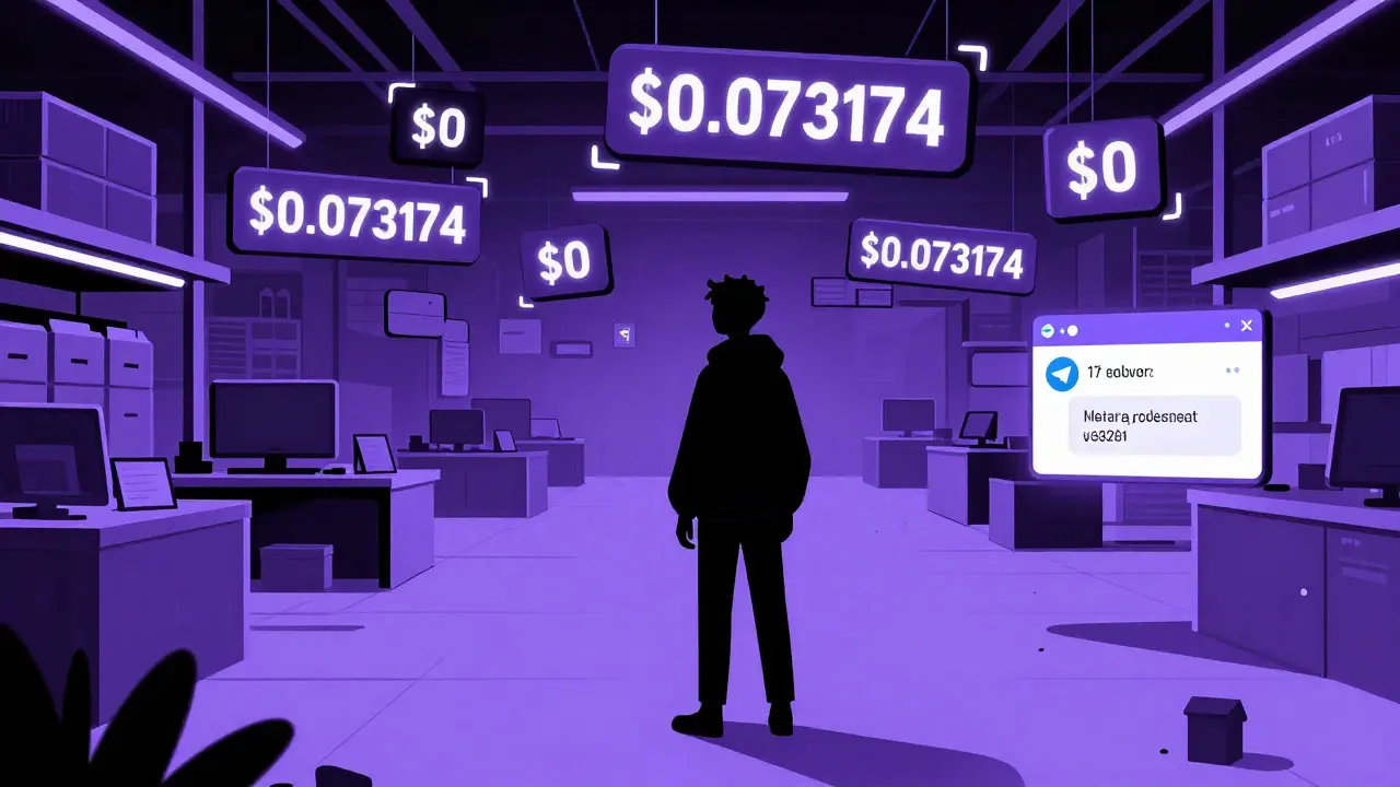 Una figura solitaria en un mercado digital vacío, rodeada de etiquetas de precio contradictorias y un chat de Telegram abandonado.