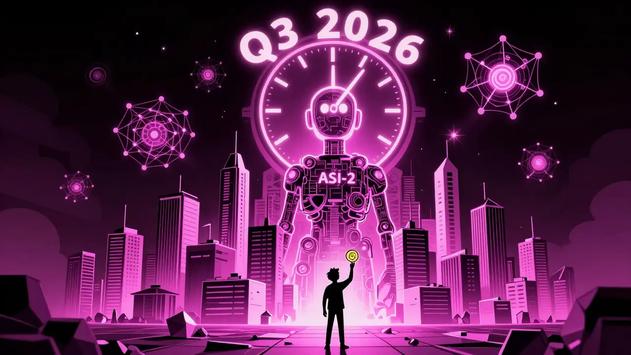 Una metrópolis de gemelos digitales crece desde una blockchain, con el modelo ASI-2 emergiendo y un usuario sosteniendo un token FET.