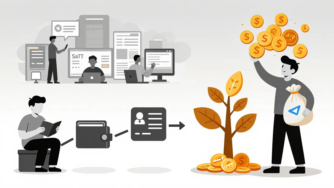 Una persona acumula tokens SATT a través de tareas y referidos, mientras crece un árbol digital de recompensas bajo sus pies.