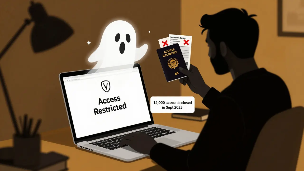 Usuario con laptop mostrando acceso restringido y documentos de KYC conflictivos.