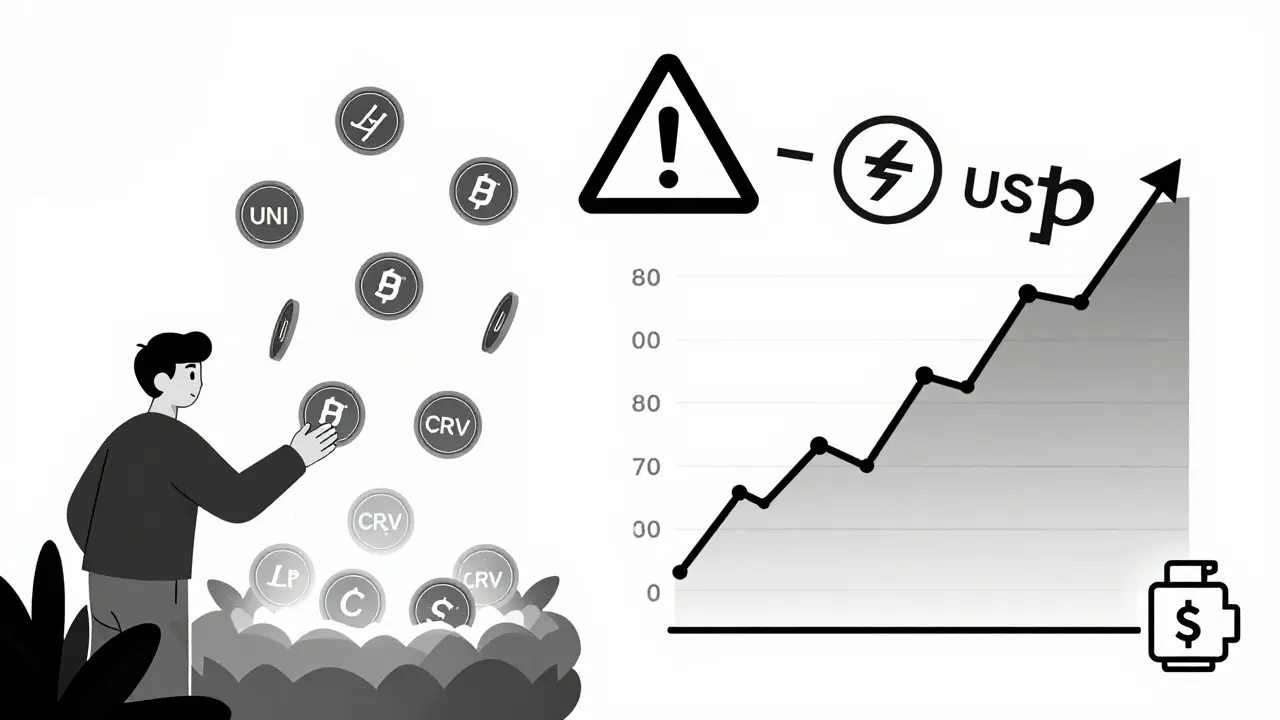 Usuario depositando tokens LP en una granja de rendimiento mientras un gráfico muestra pérdida impermanente.