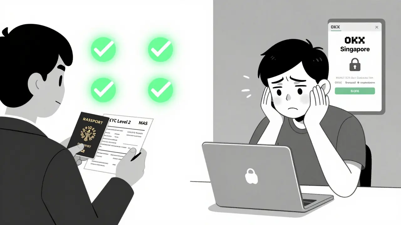 Usuario en España completando verificación KYC frente a usuario en Singapur con acceso dividido.