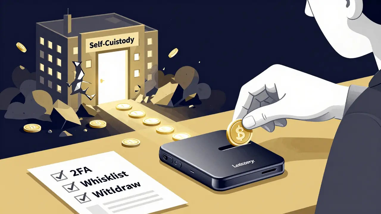 Usuario guarda tokens en billetera de hardware mientras cae un intercambio, estilo duotono.