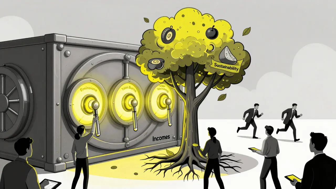 Bóveda de tokens con tres palancas que alimentan un árbol de sostenibilidad, estilo ilustración duotono.