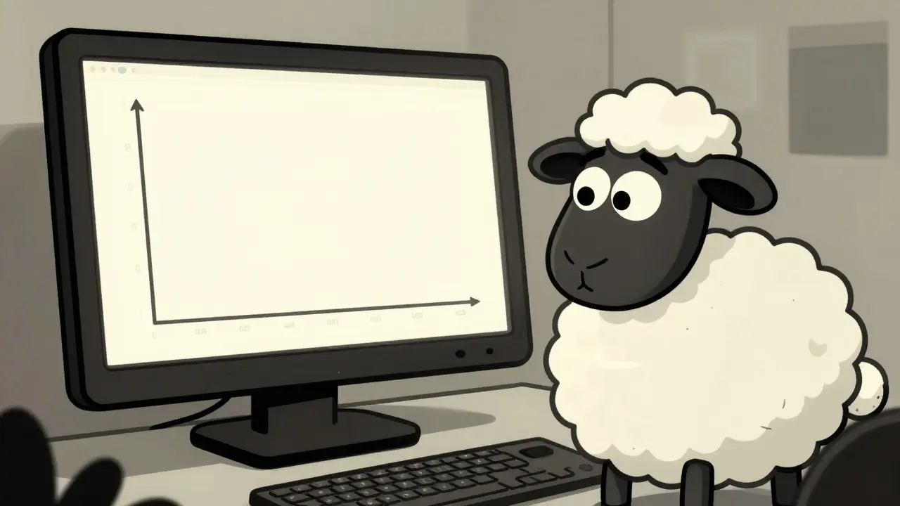 Carnero mirando pantalla con línea plana y sin datos.