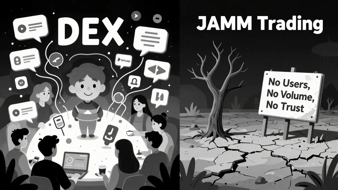 Comparación entre un intercambio activo y el vacío total de JAMM Trading en un estilo monocromático.