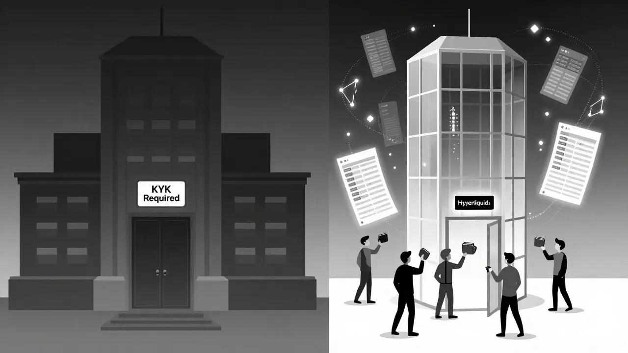 Comparación visual entre un intercambio centralizado cerrado y Hyperliquid transparente, con libros de órdenes flotantes y  billón en operaciones.