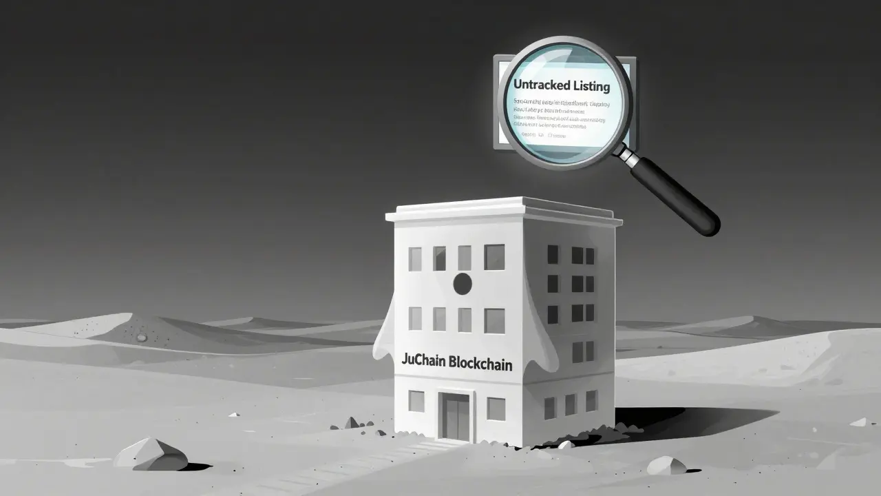 Edificio fantasma de JuChain en un desierto digital, sin actividad ni señales de confianza.