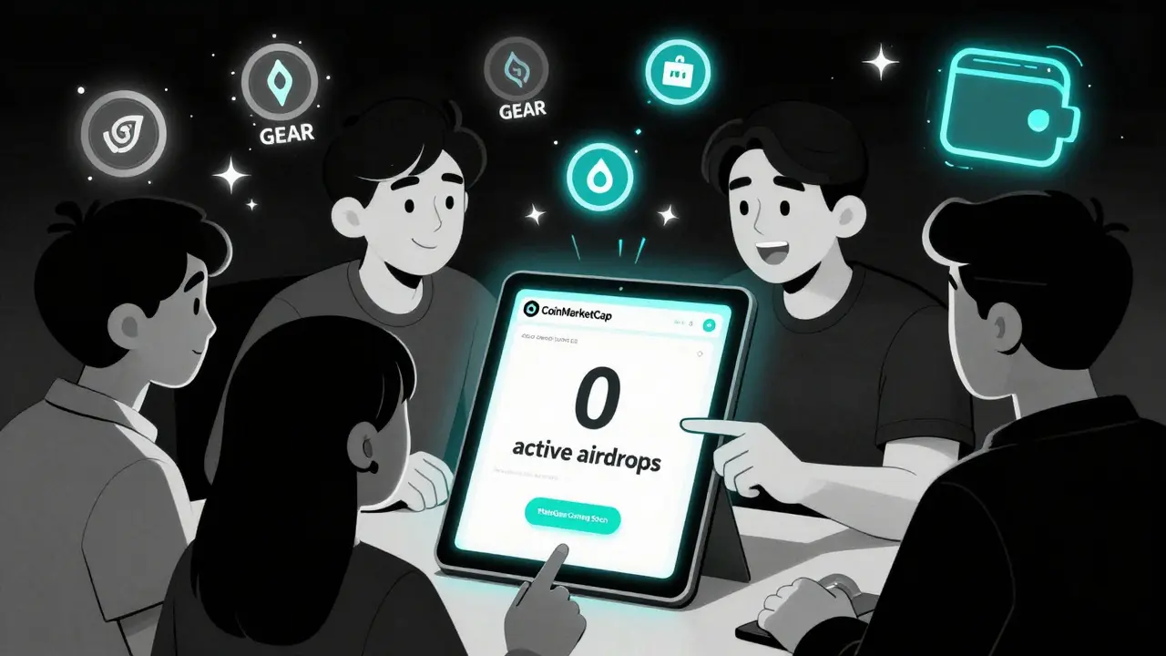 Grupo de personas mira una tablet de CoinMarketCap que muestra una notificación oculta de airdrop de MetaGear, con tokens flotando alrededor.