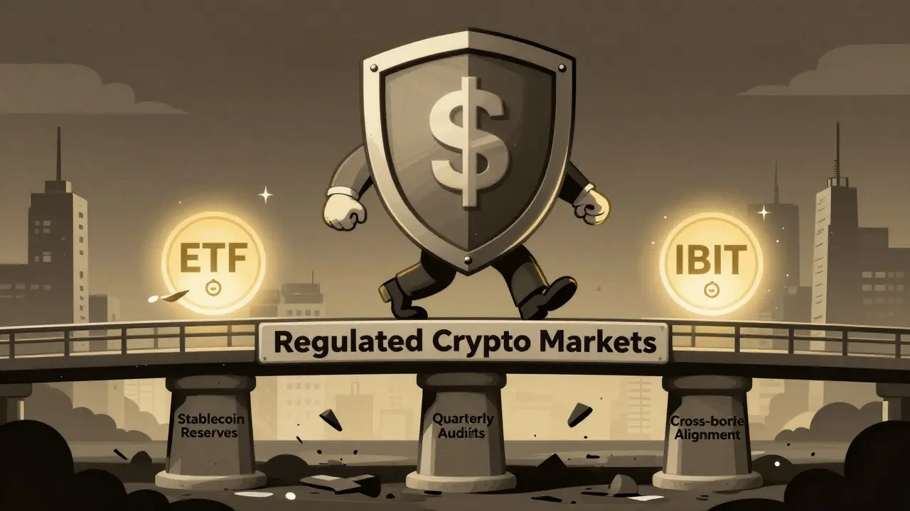 Inversor institucional caminando sobre un puente hacia mercados cripto regulados, sostenido por pilares de reservas y auditorías.