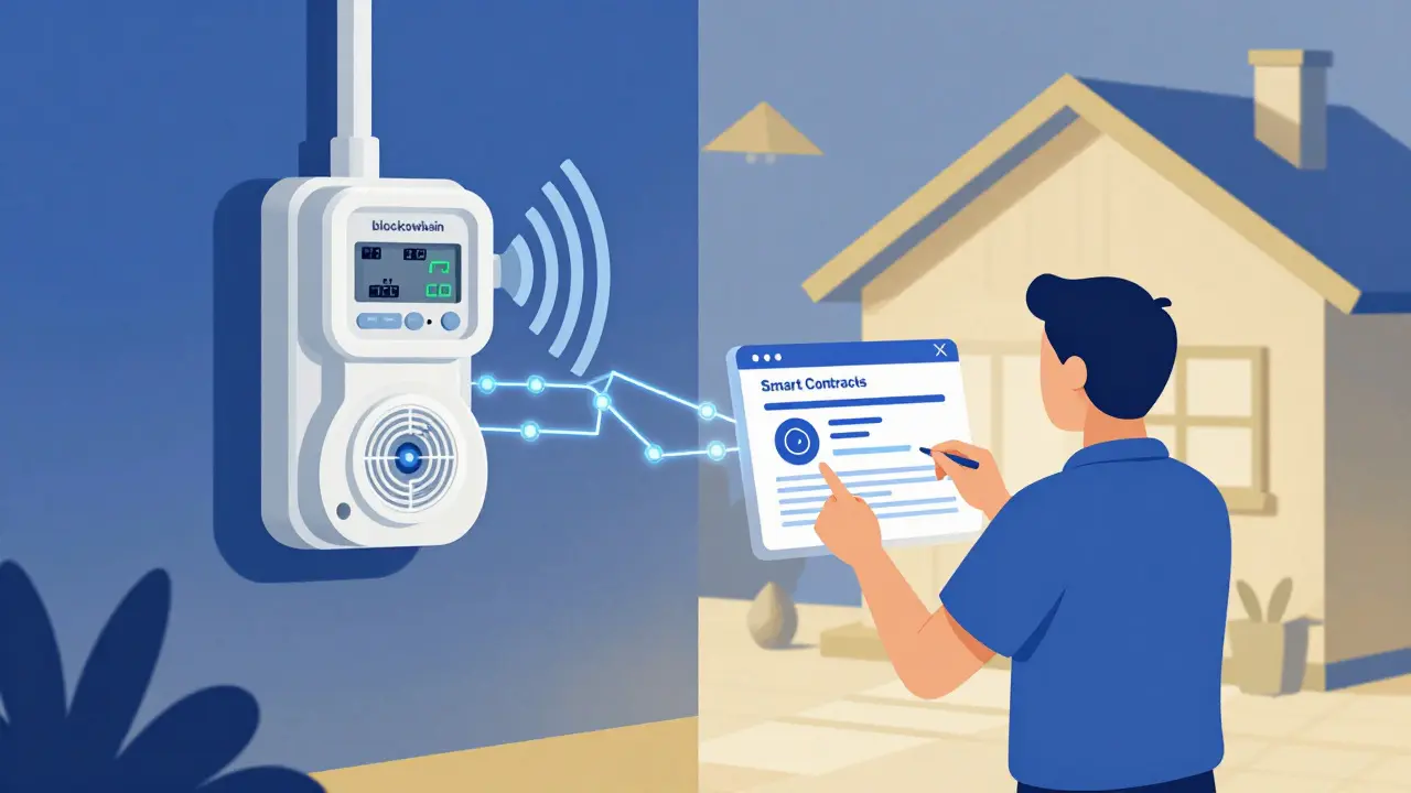 Medidor inteligente transmitiendo datos a blockchain en ilustración duotono
