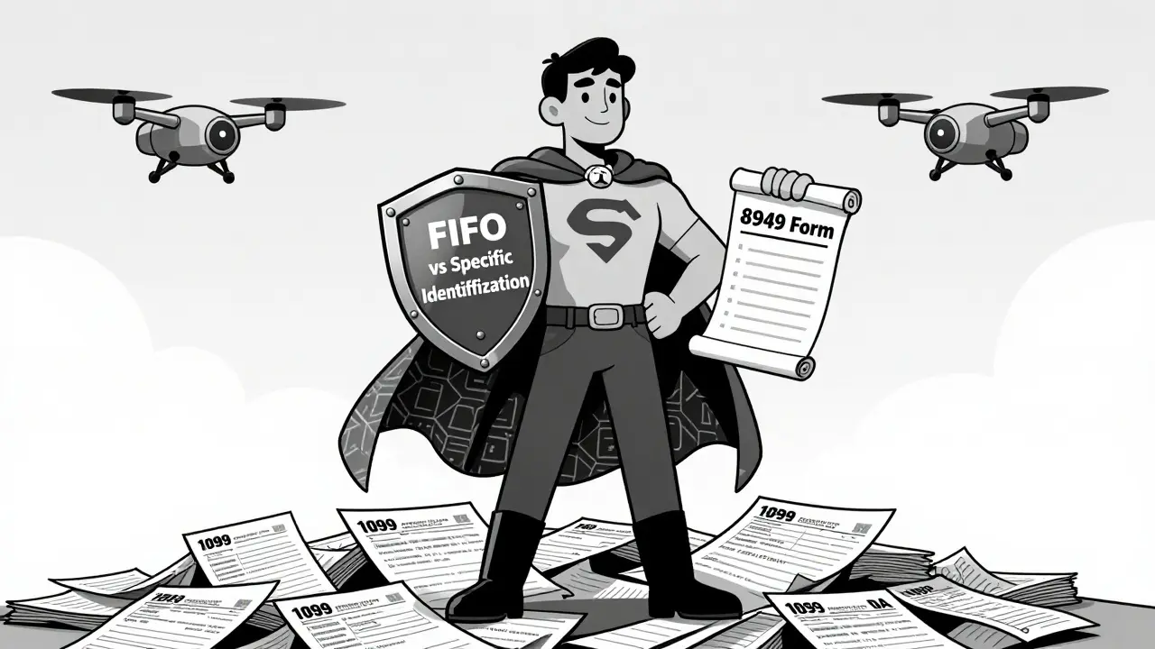 Persona como superhéroe con capa de blockchain, sosteniendo un escudo de métodos fiscales y un pergamino con el Formulario 8949.