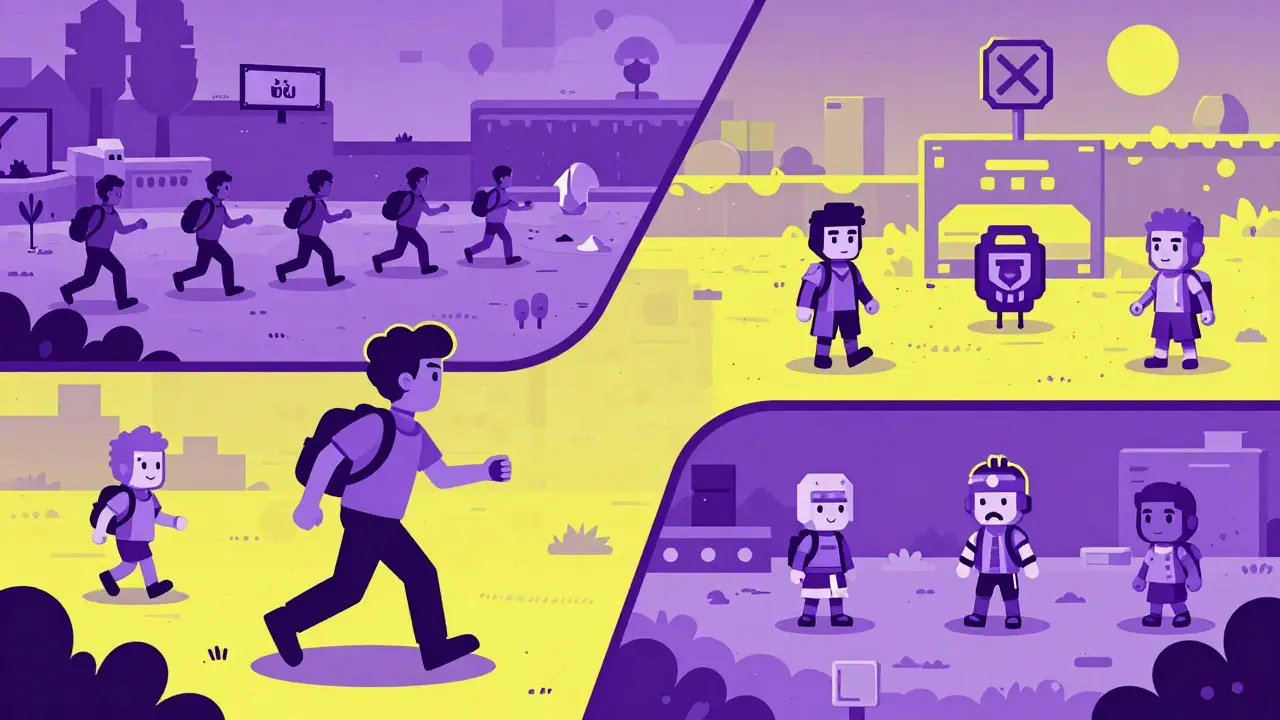 Personaje moviéndose entre mundos de juego con activos NFT evolutivos.