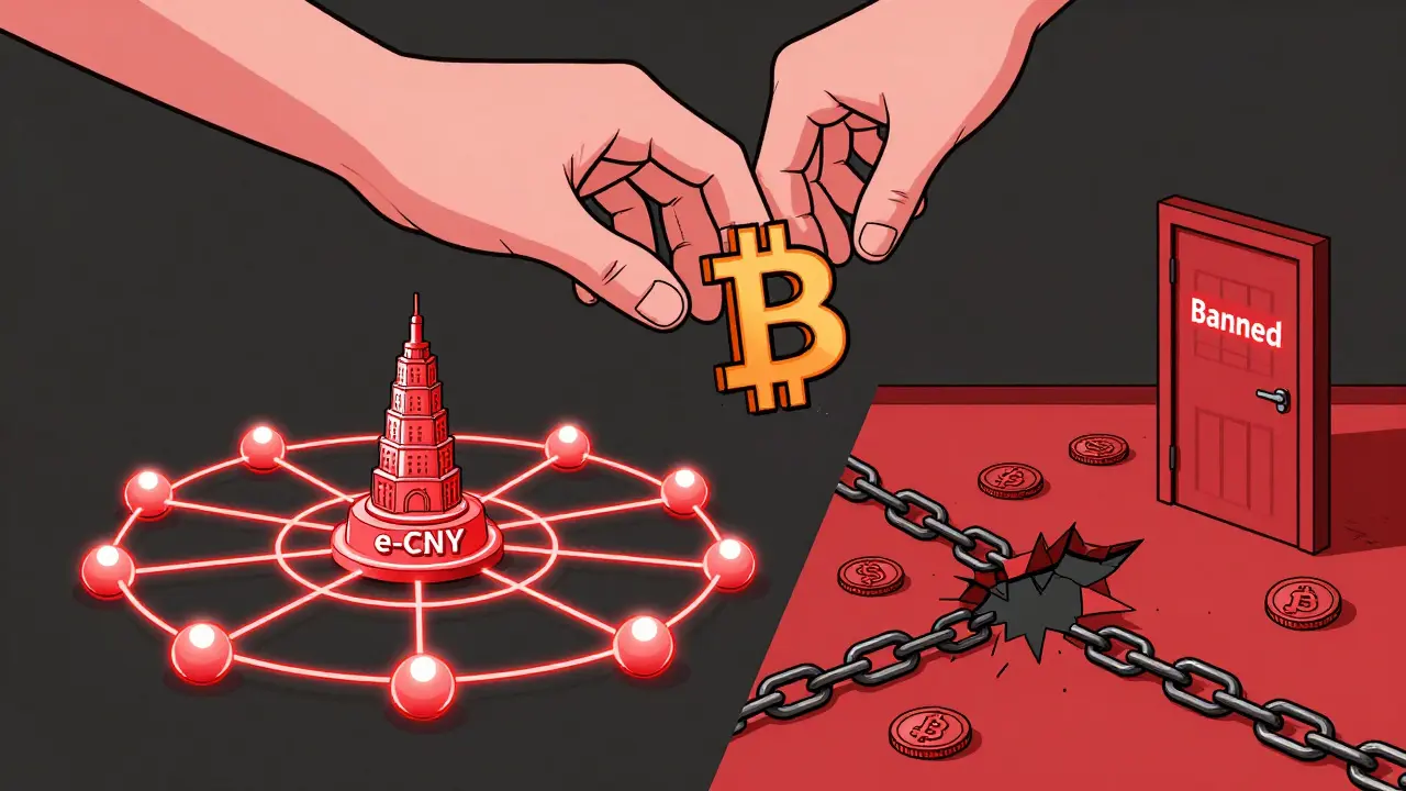 Red centralizada del yuan digital frente a una red descentralizada de criptomonedas destruida, bajo el control del estado.