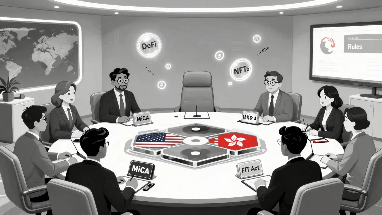 Reunión global de reguladores con tokens de DeFi y NFTs flotando sin regulación, mientras MiCA y FIT Act están firmemente establecidos.