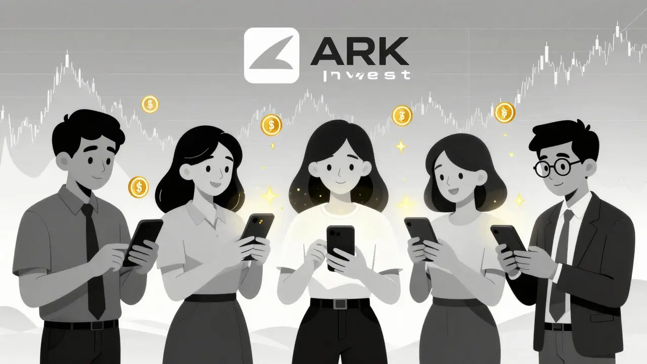 Traders de todo el mundo operan en Hyperliquid recibiendo recompensas HYPE, con el logotipo de ARK Invest al fondo.