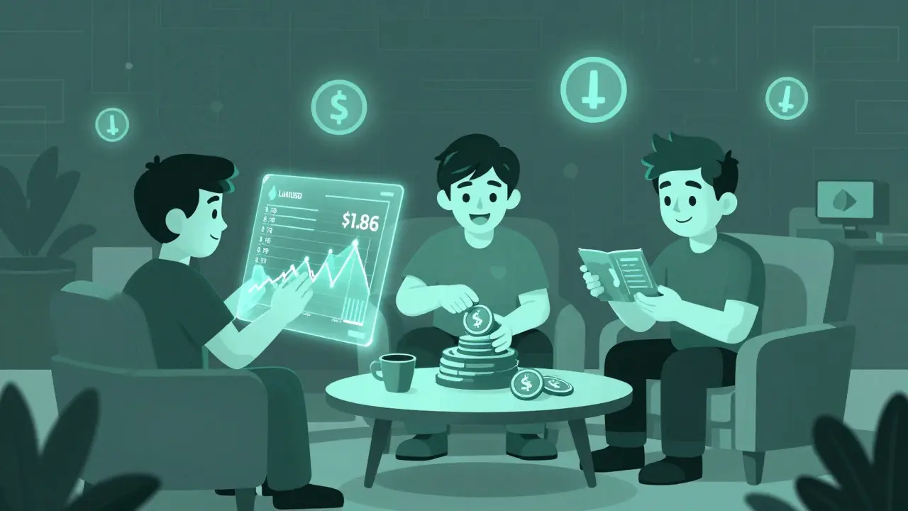 Tres avatares interactúan con tokens y gráficos de precio en una sala digital de Lumiterra, en estilo de ilustración duotono.