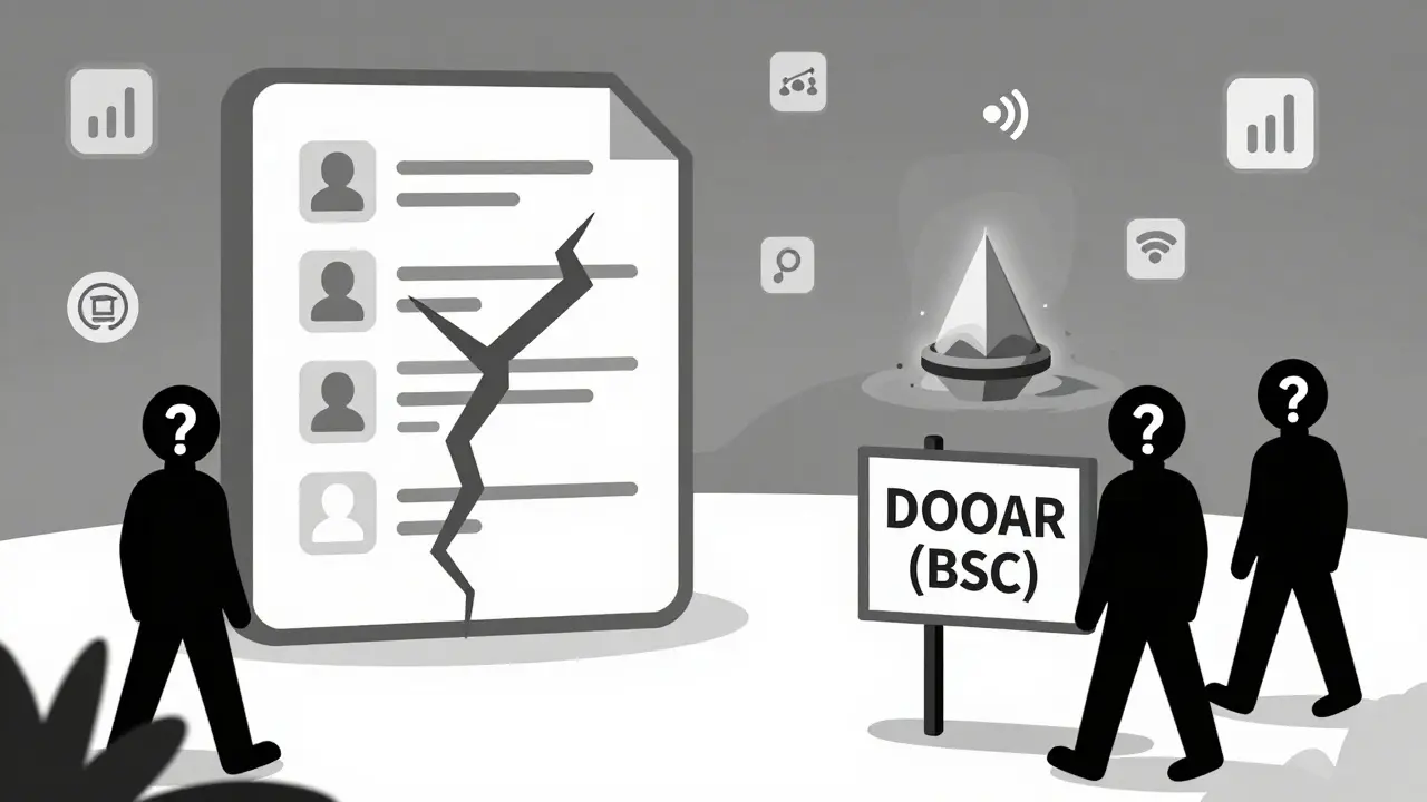 Un contrato inteligente agrietado sin auditorías, mientras figuras sin rostro se alejan de una plataforma sin actividad.
