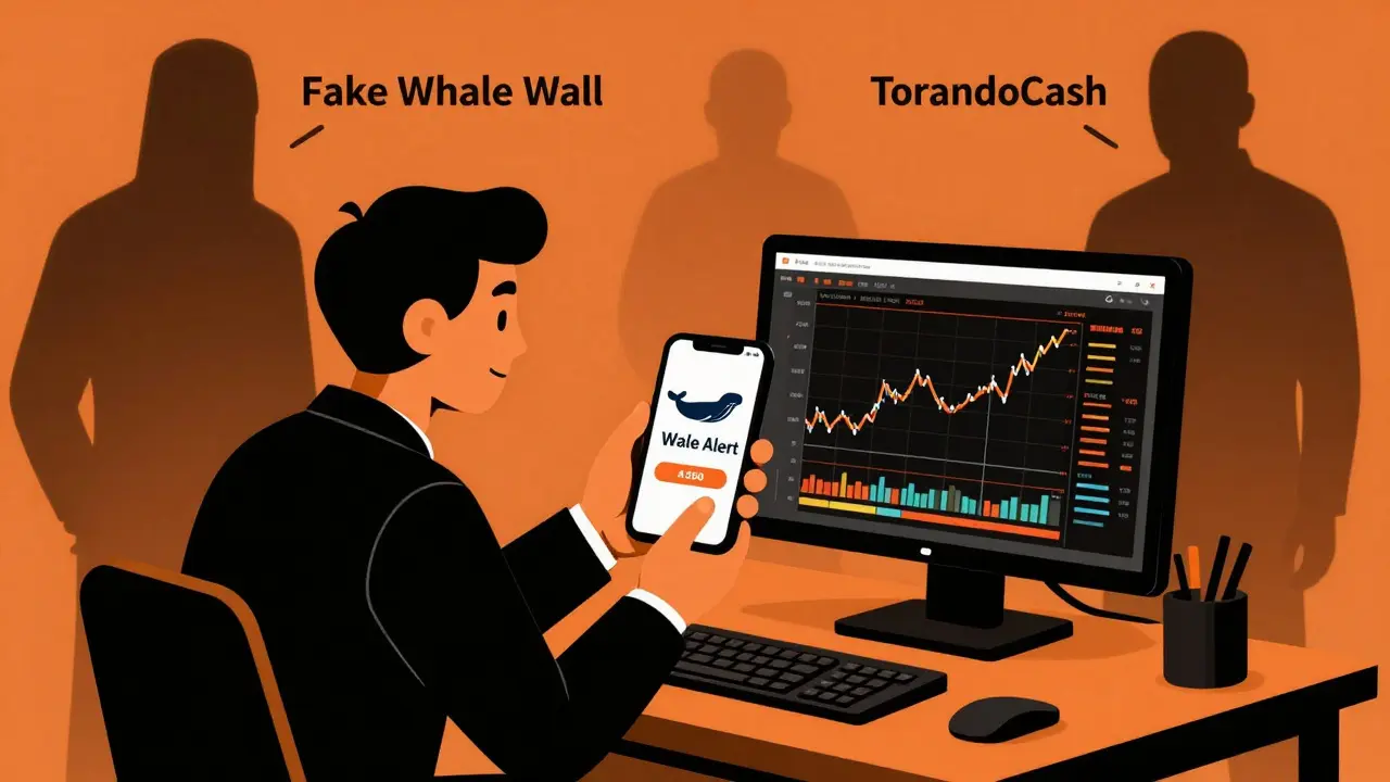 Un inversor compara una alerta de ballena con un gráfico de precios, mientras figuras oscuras representan trampas del mercado.