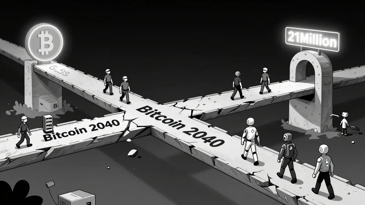 Un puente blockchain colapsando, sostenido solo por tarifas de transacción mientras los mineros se van.