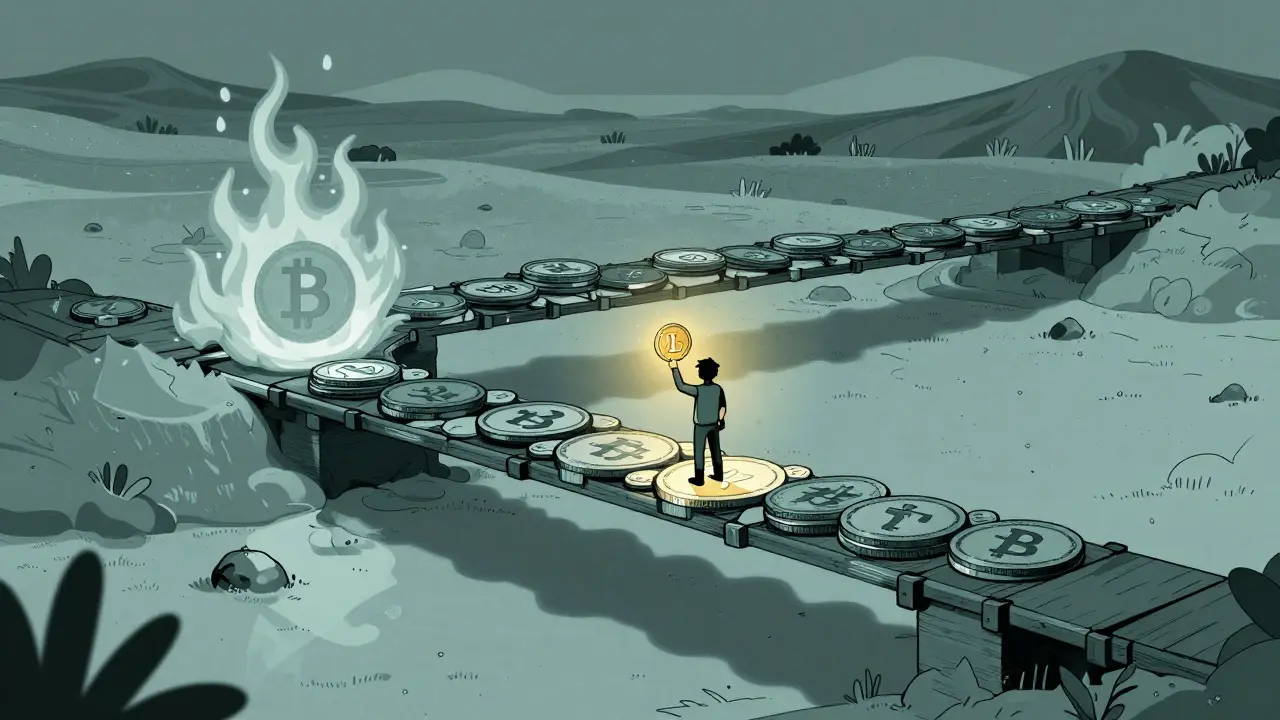 Un puente de stablecoins conecta un mundo volátil con el ecosistema estable de Lumiterra, ilustrado en estilo duotono.