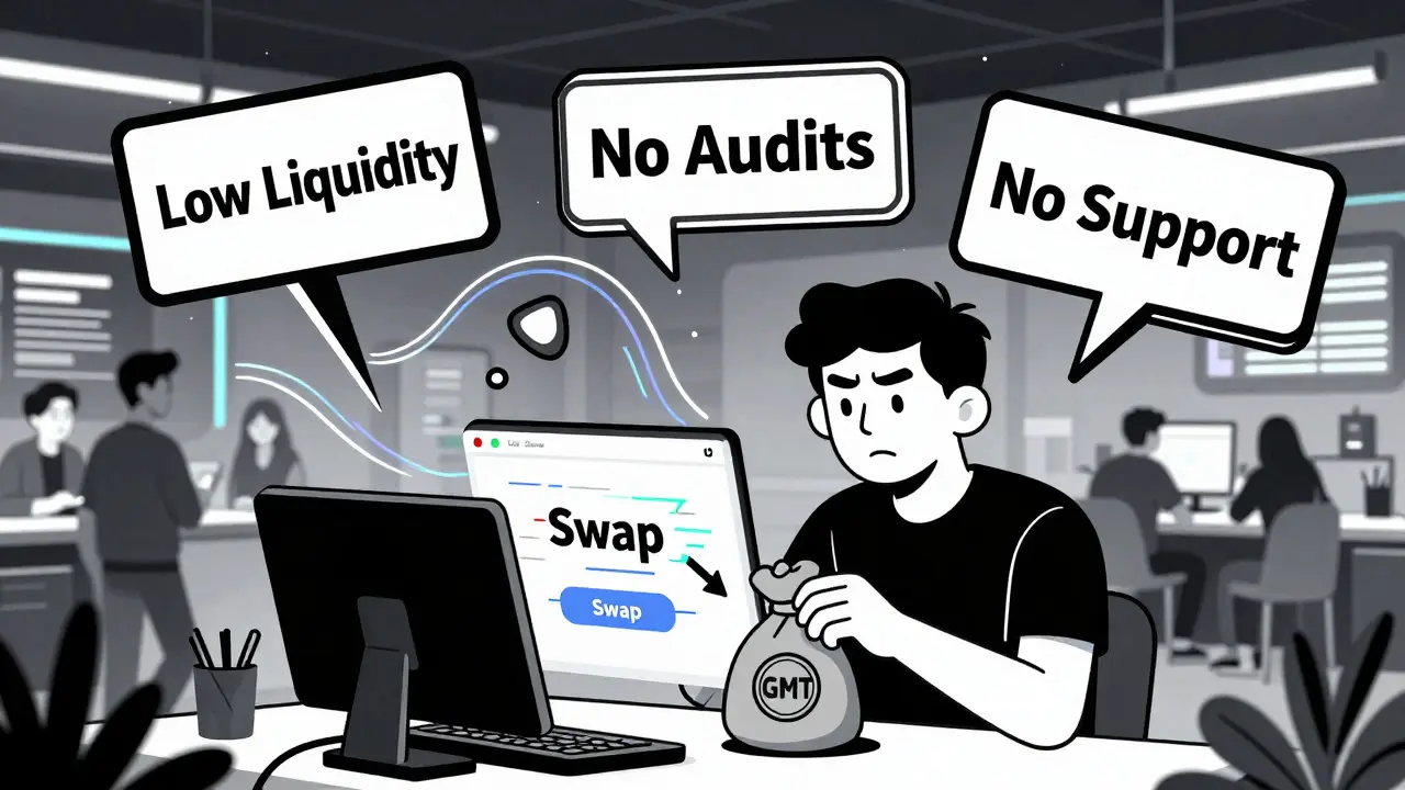 Un usuario principiante intercambiando tokens mientras advertencias flotan sobre una interfaz defectuosa, frente a un exchange activo al fondo.