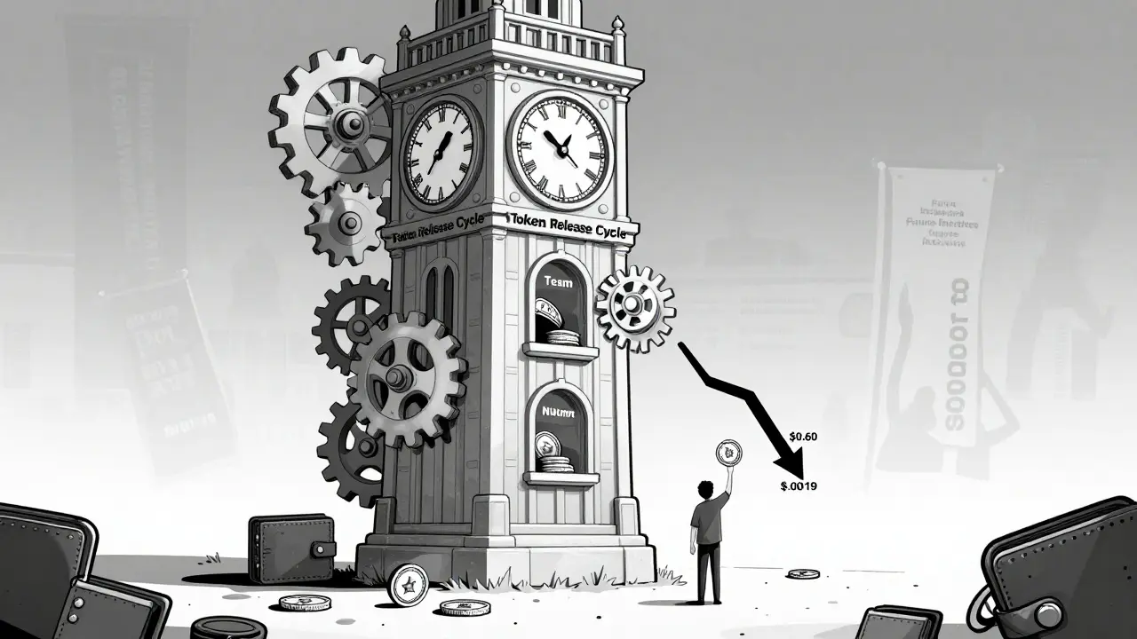 Una torre de reloj libera tokens bloqueados de inversores y equipo, mientras el precio de NUUM cae drásticamente.