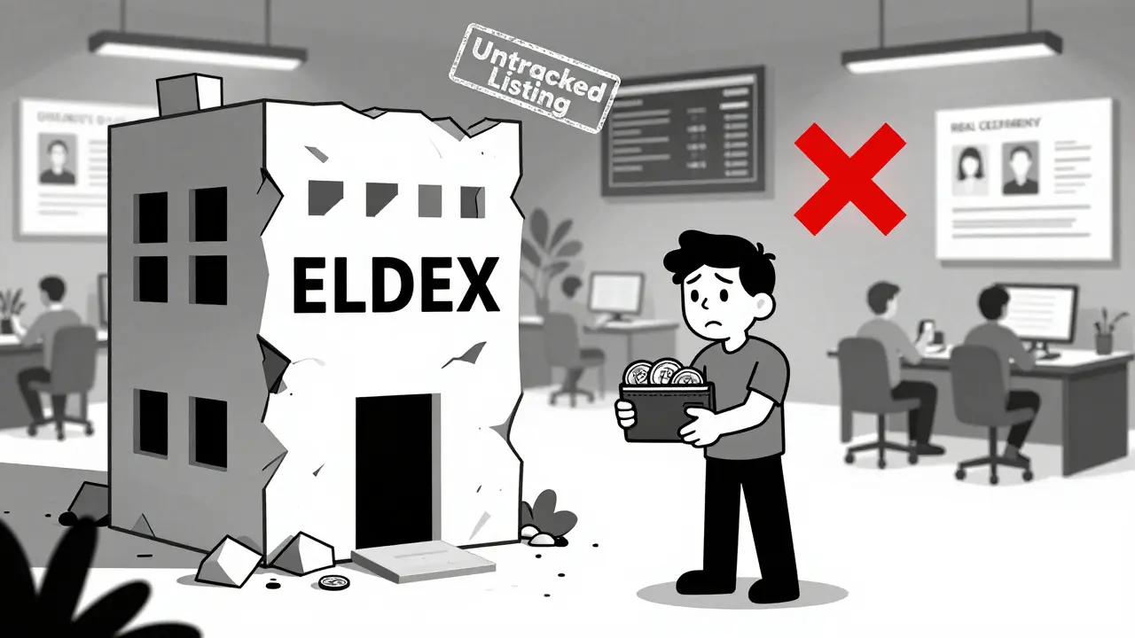 Usuario confundido frente a un edificio sin puertas llamado ELDEX, mientras otros intercambios activos brillan detrás.