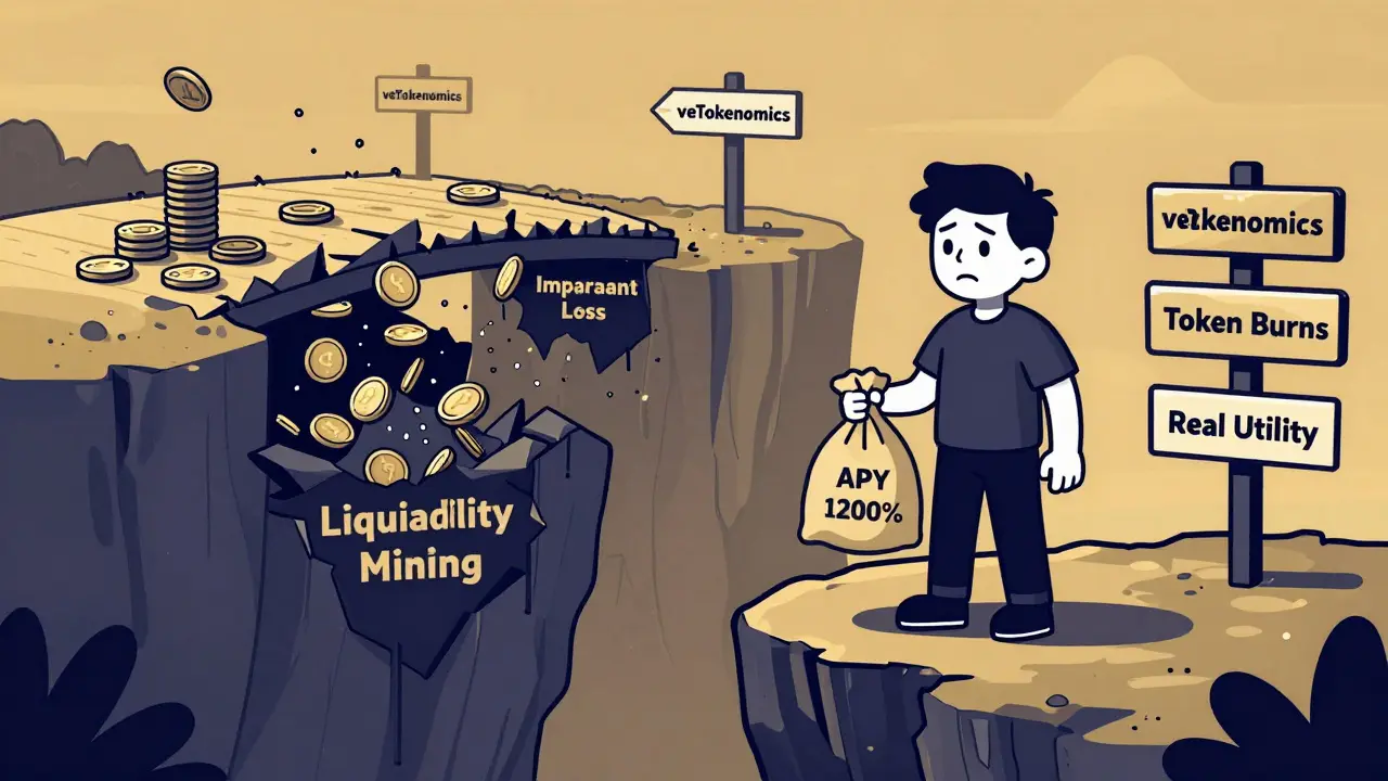 Usuario en un acantilado con bolsa de tokens mientras un puente colapsa hacia pérdidas impermanentes.