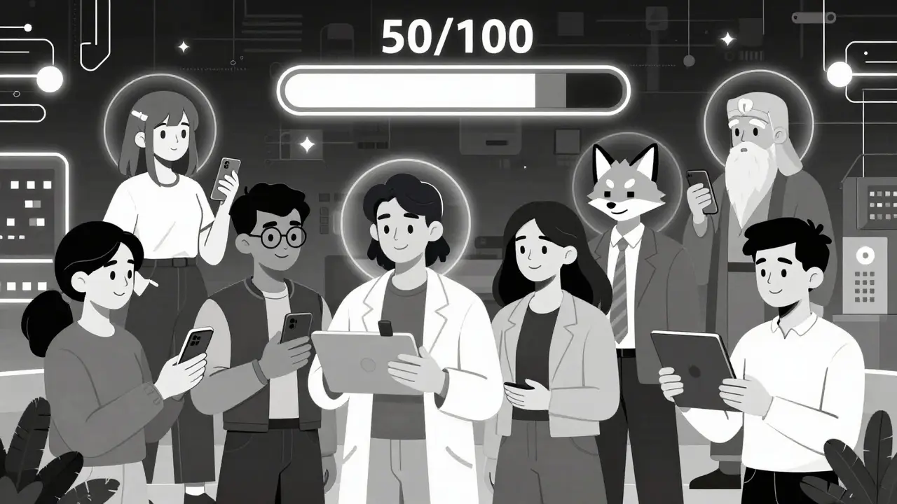 Usuarios proyectan agentes de IA únicos en un espacio digital compartido, con barra de progreso hacia la graduación.