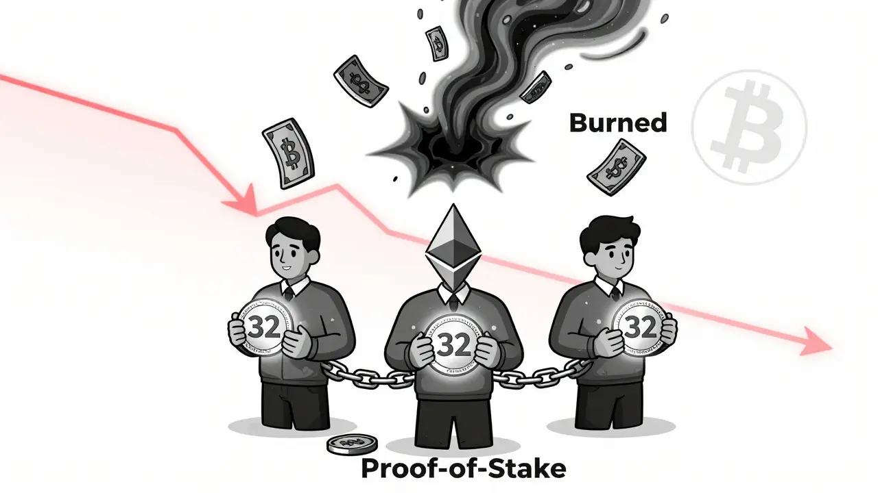 Validadores de Ethereum con cadenas de staking y tarifas quemándose en un agujero negro.