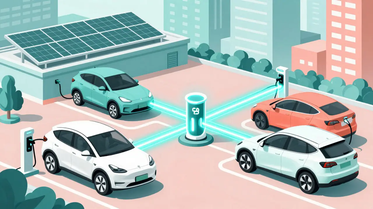 Vehículos eléctricos conectados a red P2P con blockchain en ilustración duotono