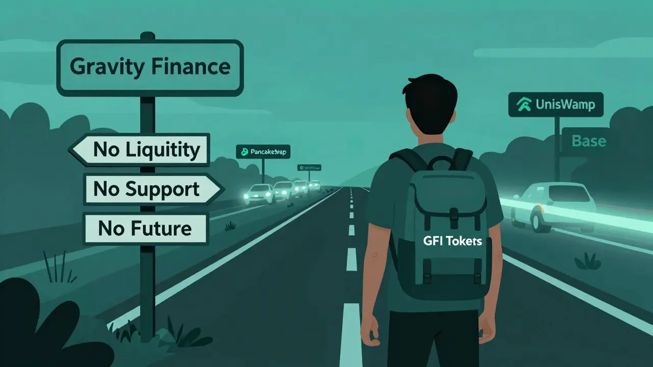 Viajero en un camino sin salida marcado como Gravity Finance, mientras otros intercambios brillan lejos.