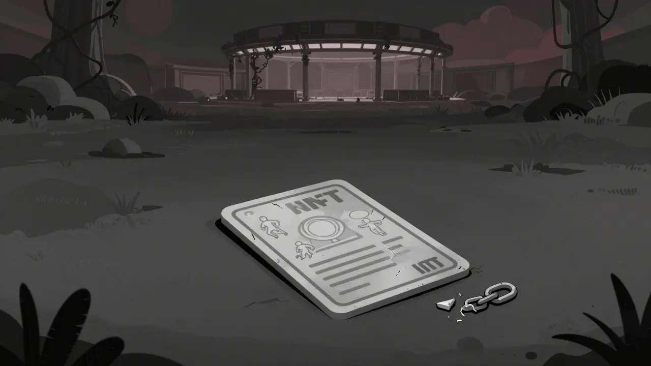 A single faded NFT card alone in a digital wasteland, symbolizing a forgotten campaign.