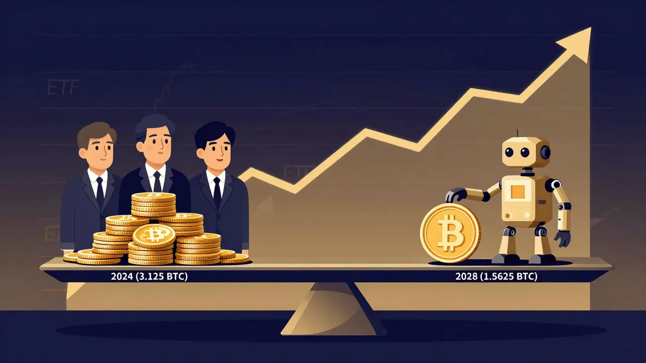 Balanza comparando la recompensa de minería antes y después de la halving de 2028, con inversores institucionales y robots.