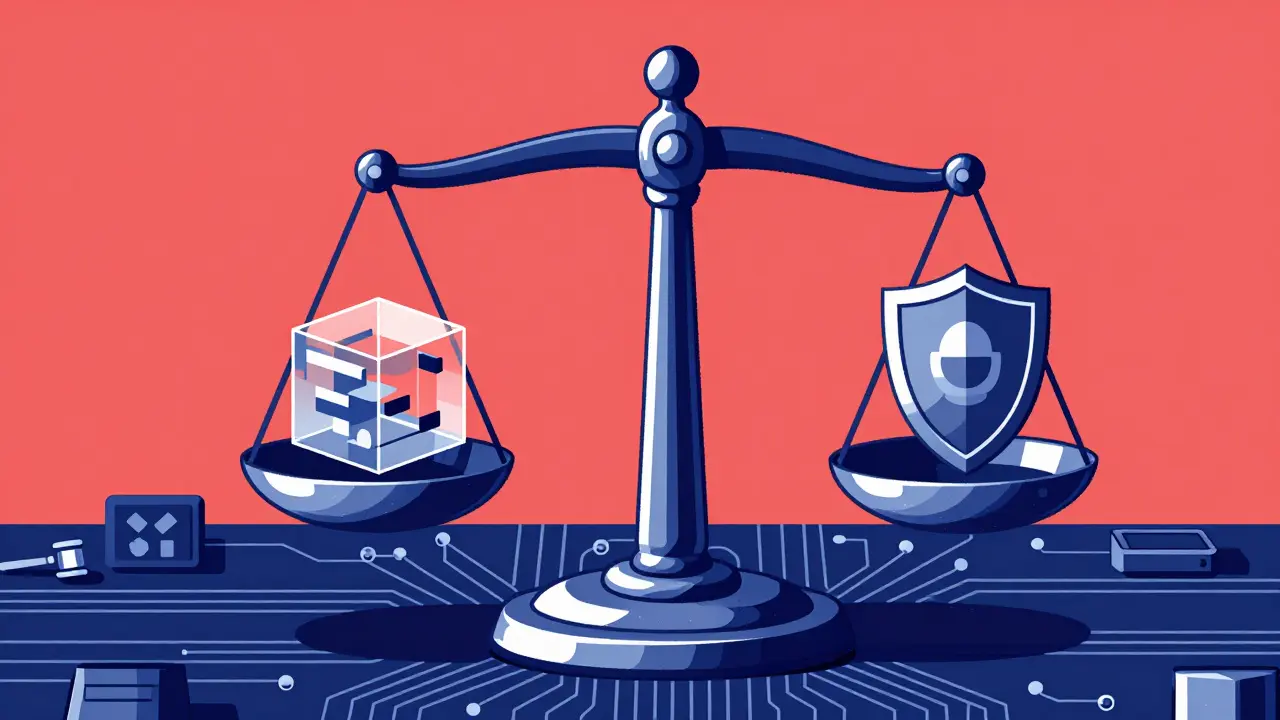 Balanza de justicia equilibrando cubo de datos y escudo de privacidad